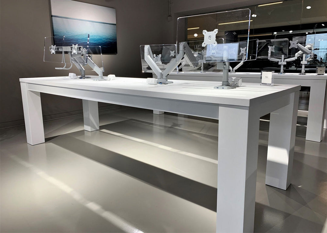 126x43x36 Symmetry Showroom traditional table Chicago legs flushed with side min overhang solid ash cavity or slit down middle thick top no grooves no distressing straight edge solid white flat