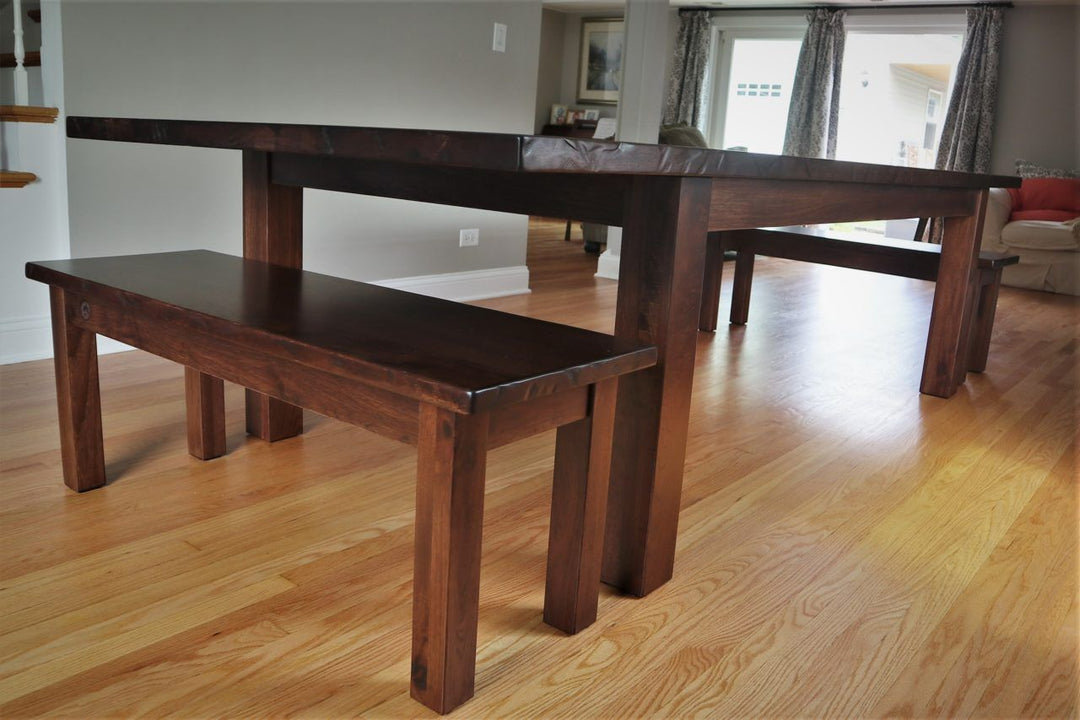 12x48x30 4 leg design 4 inch legs custom overhang solid hickory thick top no grooves no distress tumbled edge trad brown med satin clear 2 benches 2 1280x853