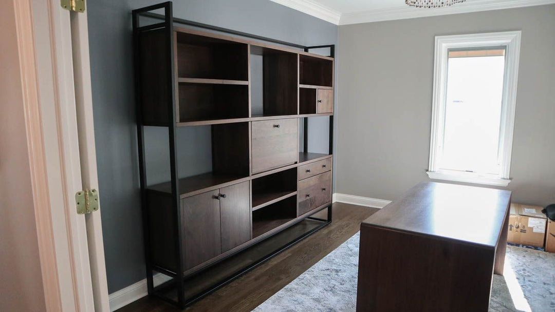 16x97x85 Wall Unit Walnut Carbon Satin Flatter Black - Frame 30x60x30 Waterfall Desk 1 Radius Top Edge Walnut Carbon Satin