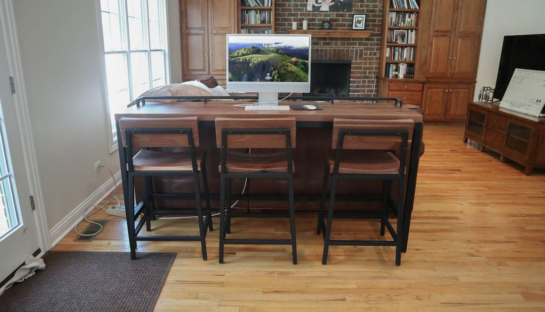 19x72x36 Sofa Table with Drink Rail Walnut Natural Satin - TOP Flatter Black - FRAME EF 24 Stools with Back Walnut Natural Satin - TOPS Flatter Black - FRAME