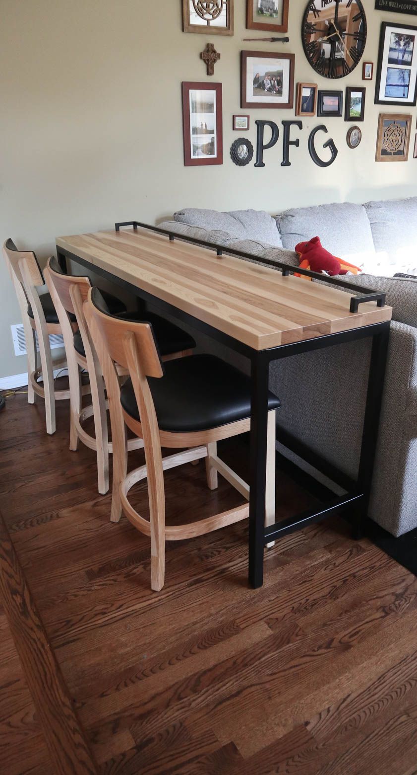 20x80x36 Metal Sofa Table with Drink Rail Hickory Thick Top Clean Edge No Distress Natural Satin Flatter Black Emerson 24 Side Stool Hickory Natural Satin U3-31 Onyx