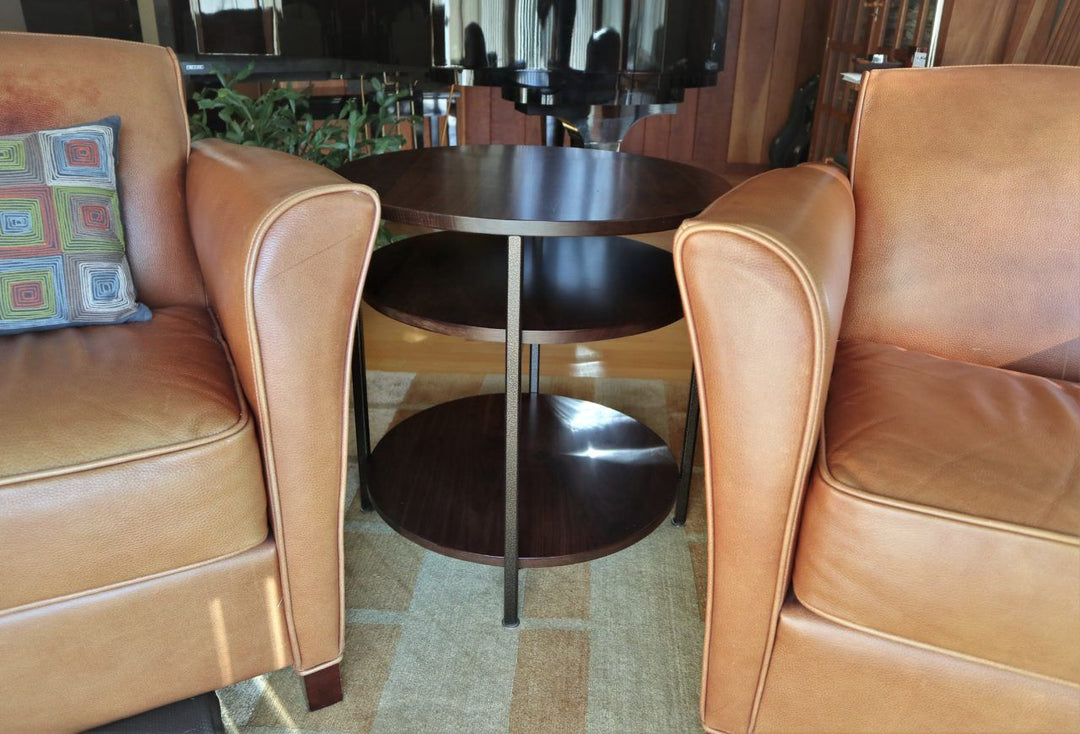 22D x 23H custom circular side table three walnut circles no banding around perimeter clean edge no distress metal legs