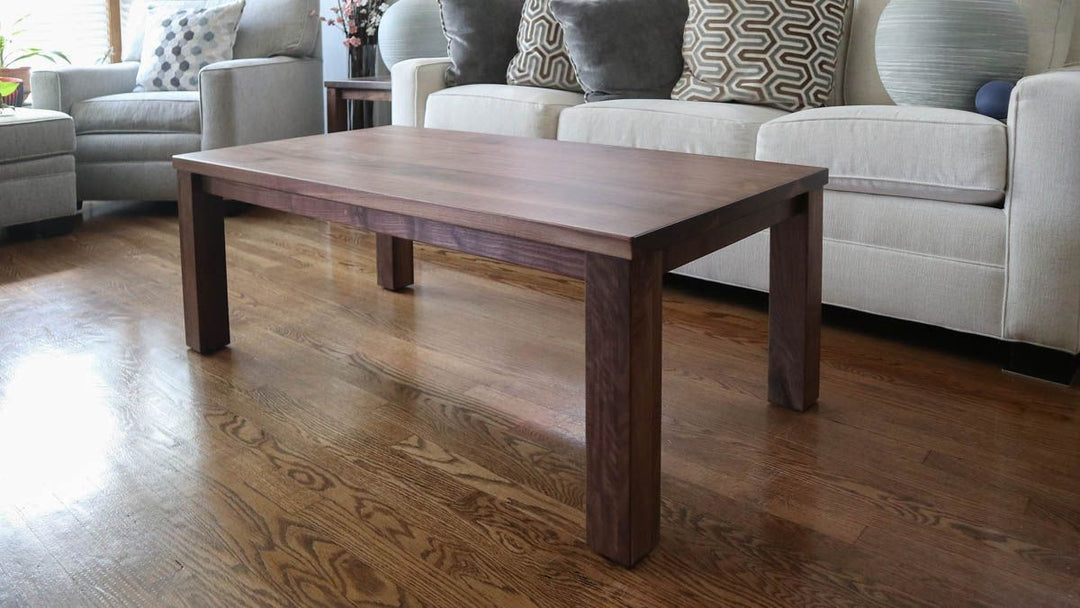 26x50x18 four-leg coffee table design standard top walnut apron clean edge no distress natural satin