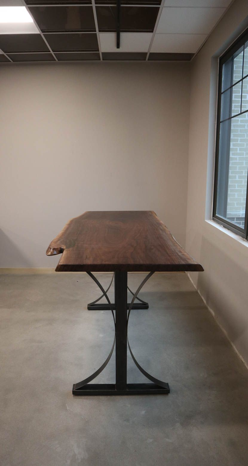 30x84 Walnut Slab Natural Satin Metal Arched Base Natural Steel Base