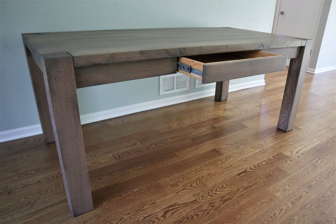 36x72x30 desk flush leg design 4 in quarter sawn red oak thick top 1.75 in no grooves 3 or 4 distress light tumble edge drawer prado w black shadow rub flat top 2 1280x852