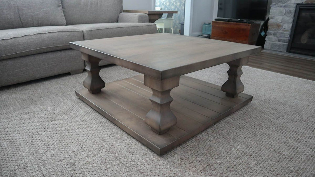 40x40x18 Tuscan pedestal planked platform coffee table hard maple thick top apron clean edge no distress Driftwood Black Shadow flat