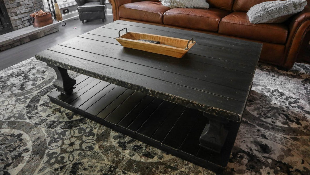42x60x18 platform anchor coffee table ash top feet tumbled edge grooves heavy distress solid black with scuff 1