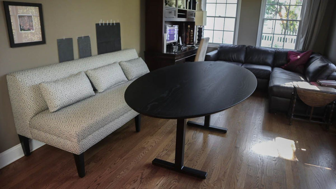 42x80x30 Metal T base Ash top thick top 45 degree taper underside edge 1inch tall no distress no grooves clean edge Black Espresso flat Silk Satin - base