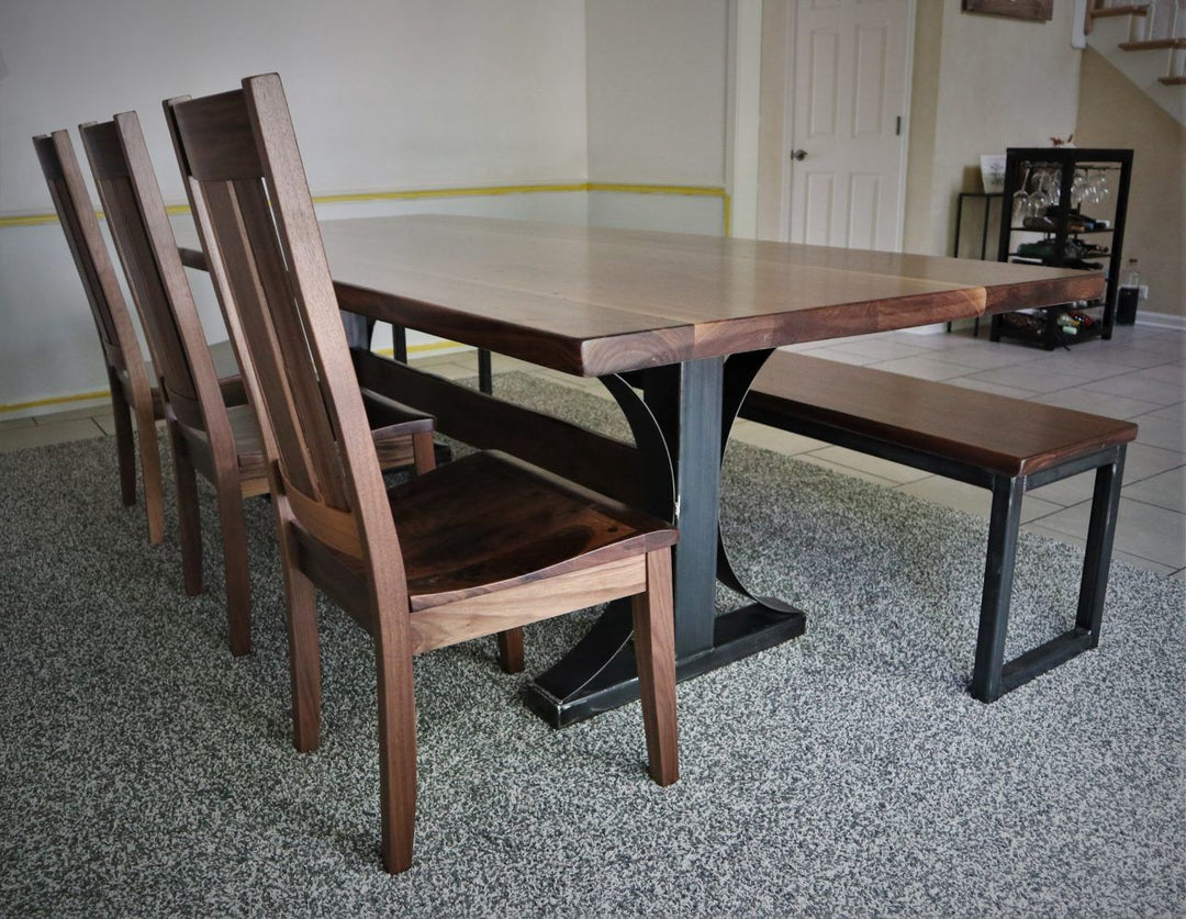 42x96x30 metal arched base wood cross brace thick top walnut 4 distress natural wavy edge no grooves bench to match 3 walnut jacoby chair 1280x992