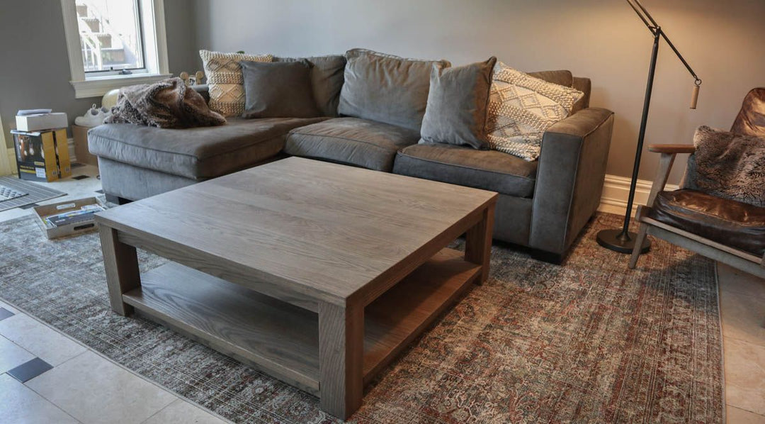 44x44x15.5 coffee table four-leg design with platform minimal overhang ash 1.25 thick top and bottom light distress Warm Prado flat