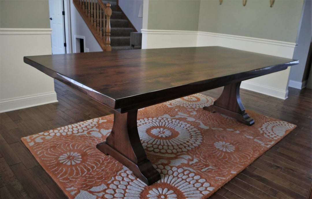 44x96x30-Craftsman-Ped-no-cross-brace-all-solid-character-hickory-thick-top-3-4-distress-natural-wavy-edge-no-grooves-trad-light-brown-color-black-shadow