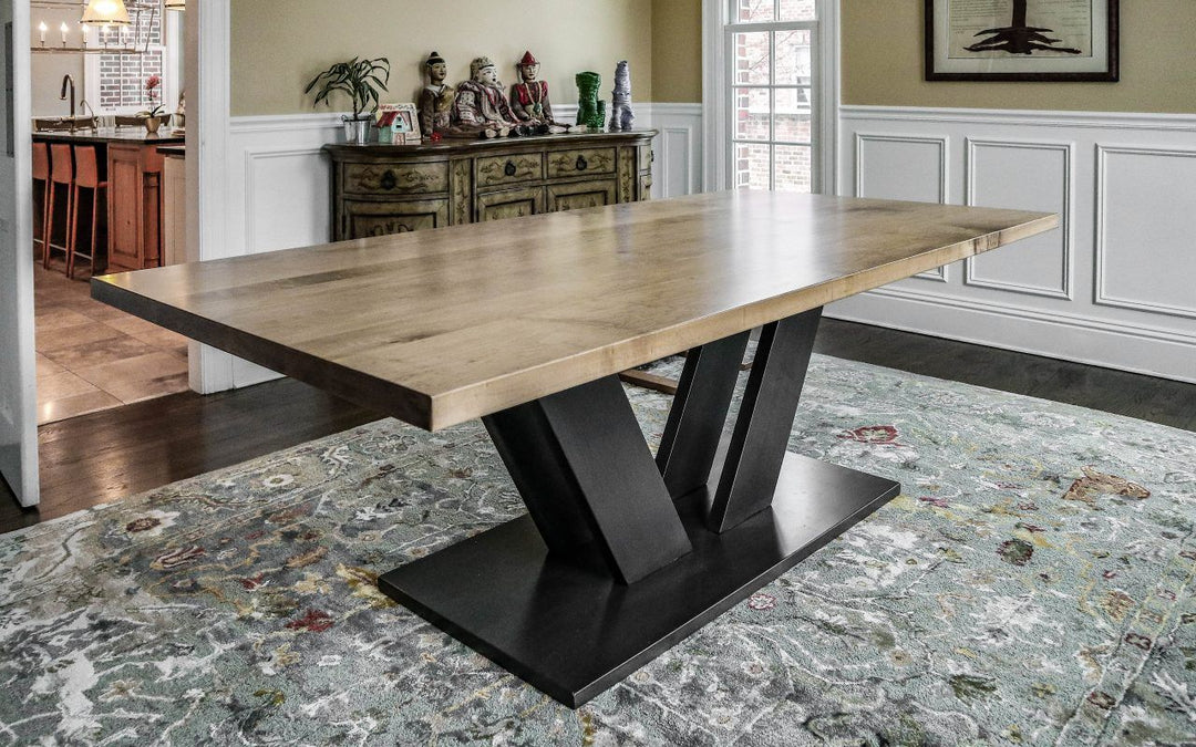 46x90-Glencoe-Marks-ped-solid-hard-maple-thick-top-clean-edge-no-grooves-or-dist-house-provicial-top-HG-gray-base-satin-2-12-leaves