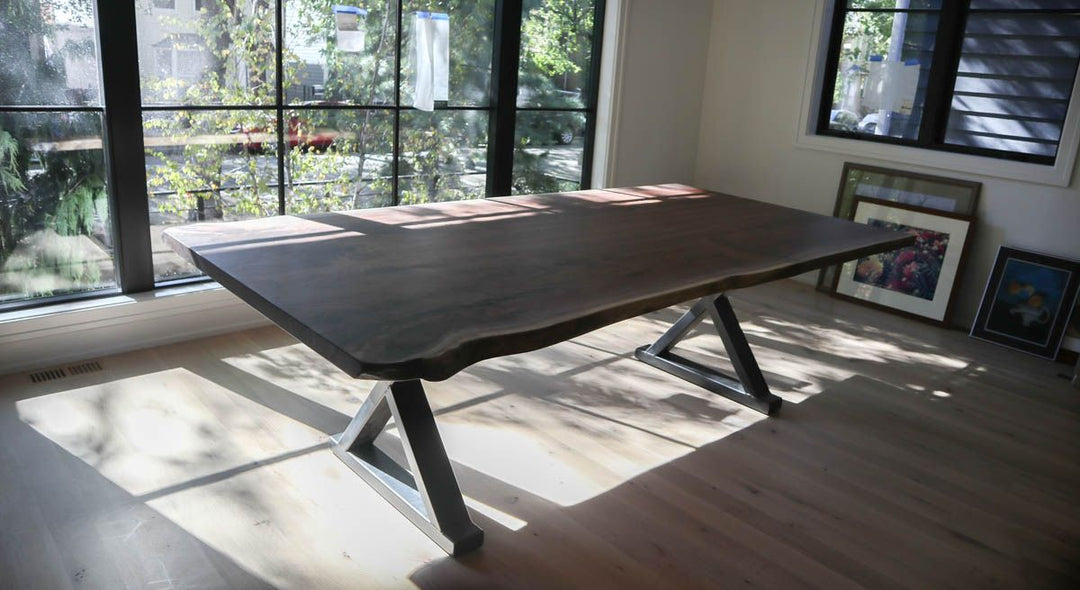 48-51x96x30 - ready made walnut live edge slab Metal Connected X natural gold flake in epoxy flat natural steel gray patina flat 1-24 leaf