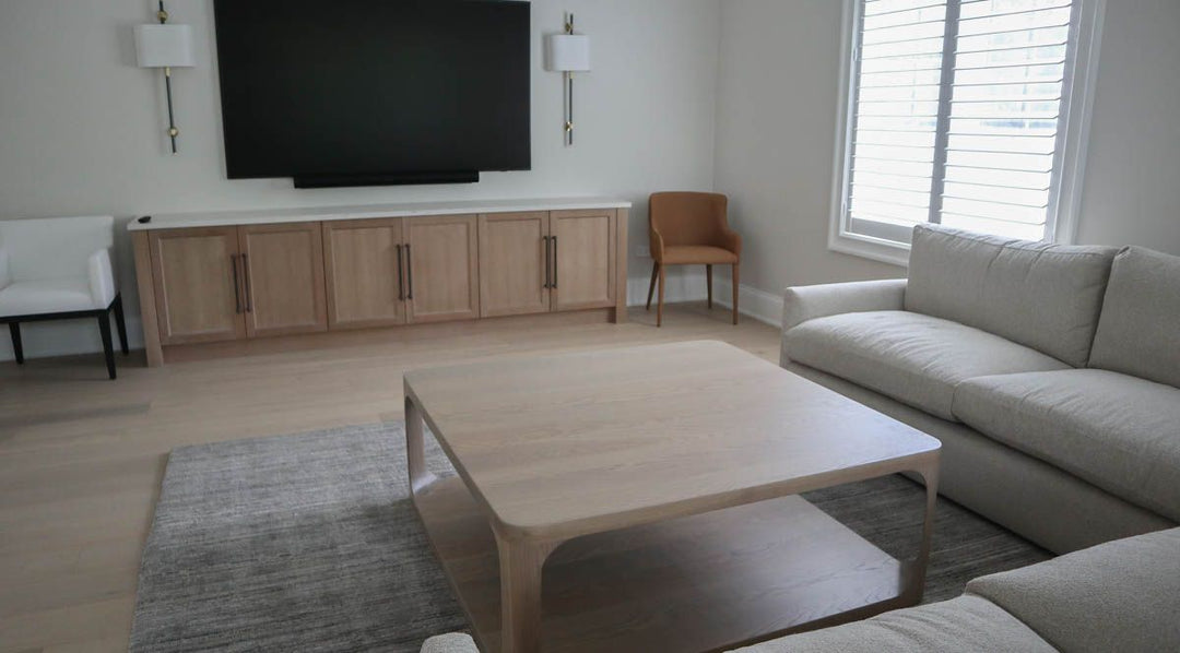 48x48x18 4 Post Arched Sides and Rounded Corners Coffee Table Ash Clean Edge No Distress No Apron Sand Flat