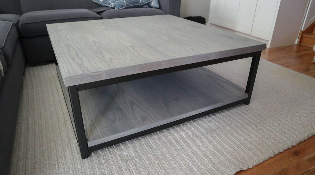 48x48x18 Metal Frame Coffee Table 4 leg style platform at floor ash thick top 1.25 bottom Flatter Black clean edge no distress Fog flat clear coat