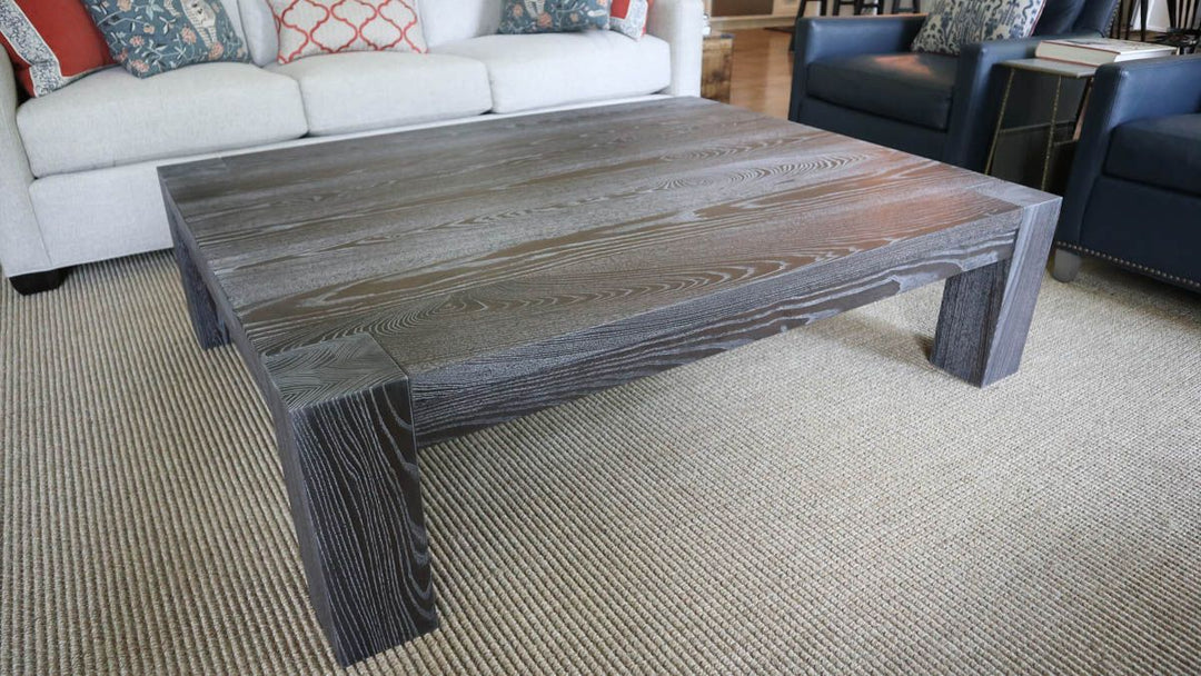 48x60x16 Coffee Table Flush-Leg 5.5 ash thick top clean edge apron no distress no grooves American Walnut with White Cerused flat 1