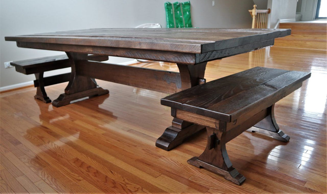 48x96x30-Craftsman-ped-cross-brace-mortised-through-solid-hickory-with-mix-of-other-species-thick-top-heavy-distress-espresso-cherry-light-satin-side-benches