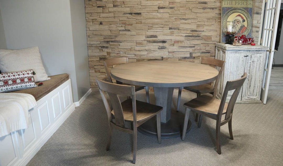 52 round Meredith platform hard maple thick top no apron no distress clean edge Prado flat Ellen BM Sandstone flat