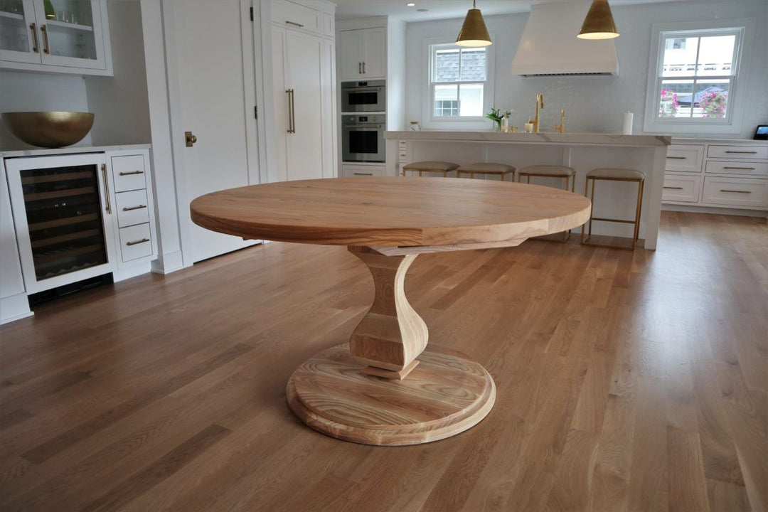 54 round belly ped round floor base thick top solid ash min distress no grooves clean edge natural no added stain flat 1280x853
