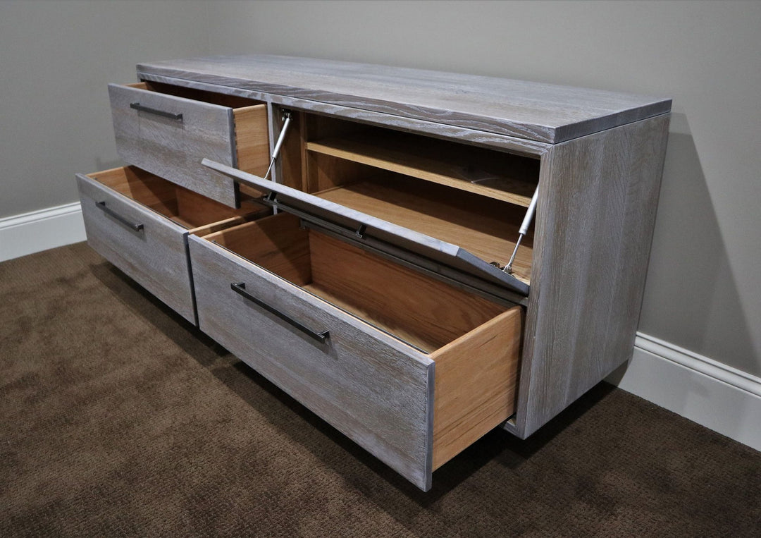 72x20x32.5 tall credenza metal picture frame base QSRO no distress no grooves clean edge 4 drawers t with lateral file storage gray stain white ceruse flat 2