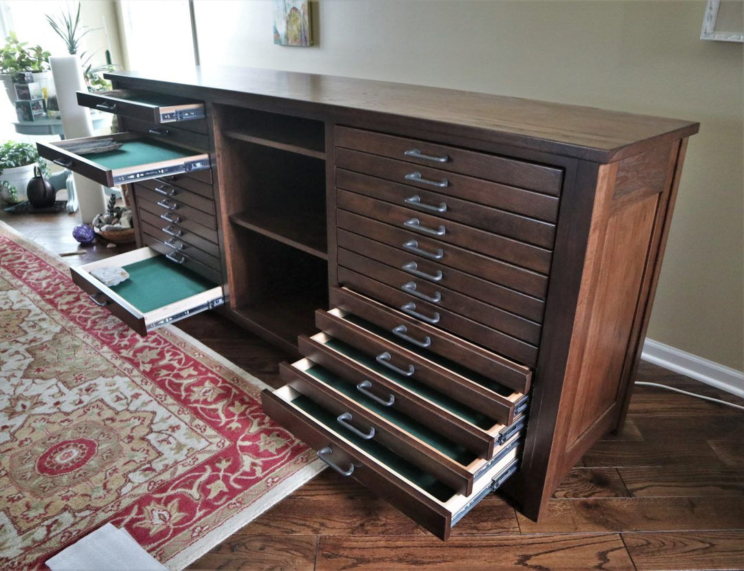 80 royal mission buffet hickory wood briar stain satin finish shallow felt lined drawers flush with face frame