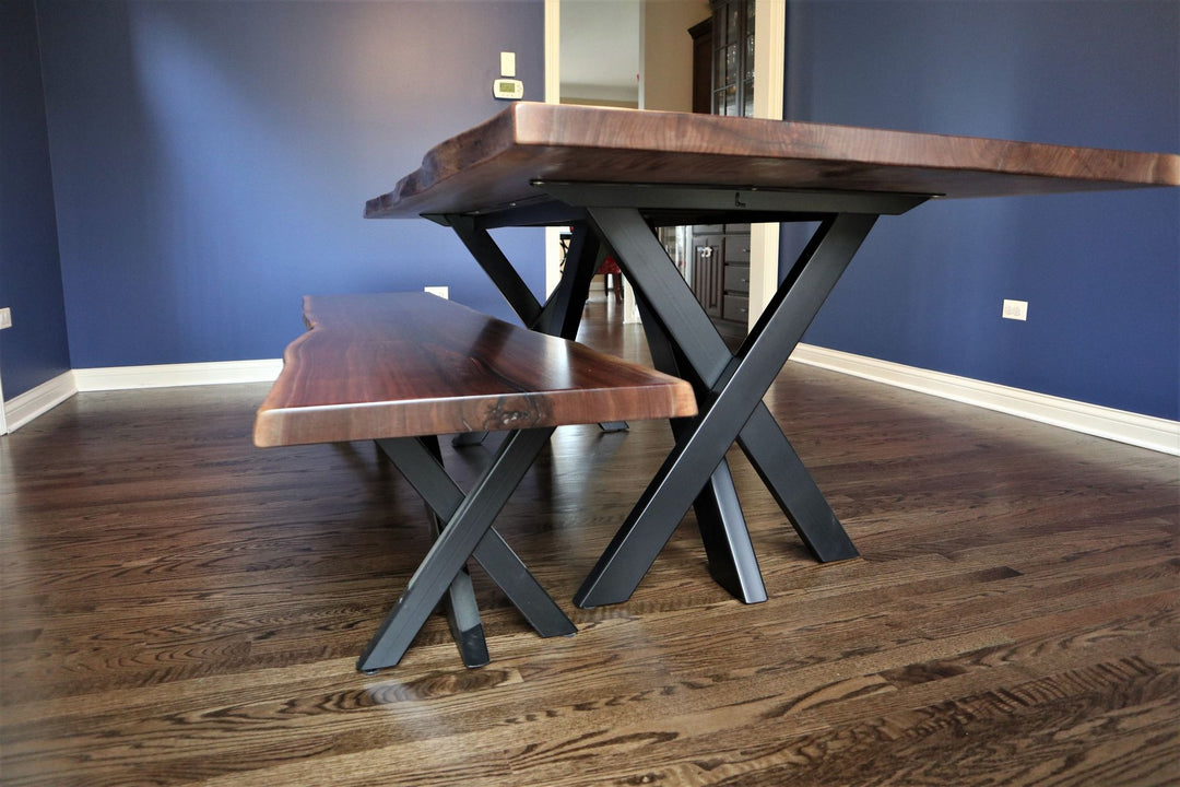 84x40 bookmatch walnut slabs natural no add stain satin finish custom metal base x style finished in Sold Black flat finish sheen bench to match