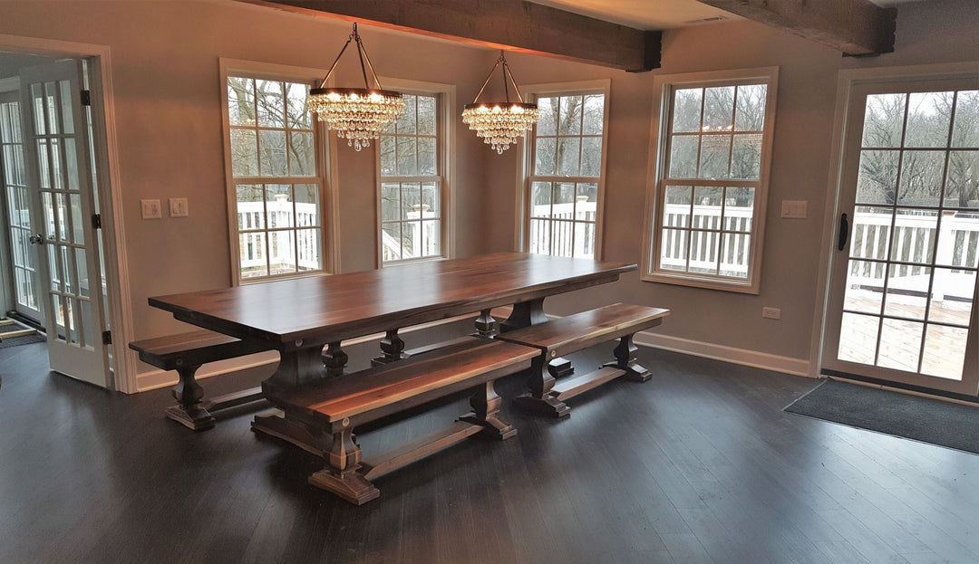 Anchor Bench Walnut Cross Brace Thick Top Light Distress Natural Wavy Edge Natural Satin