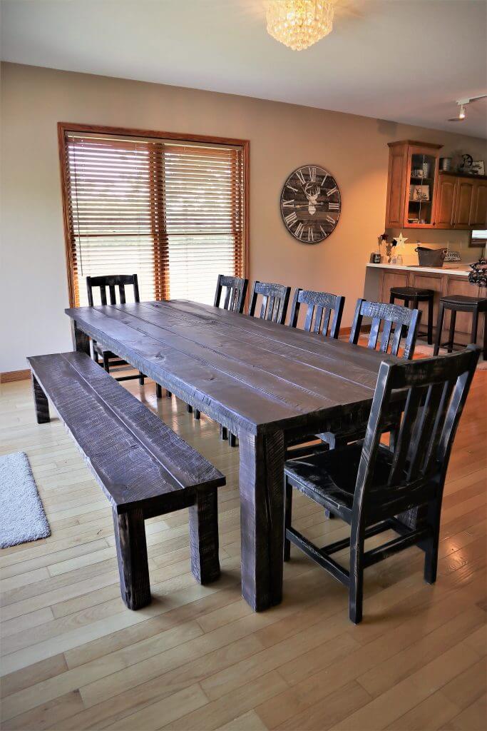Arthur Table 40x102x30 3.5 Apron Hardwood Hick Top Timber Legs Heavy Saw Scuffing Marks Uneven Boards Espresso Cherry Med Flat Clear Lodge Chairs 3 683x1024