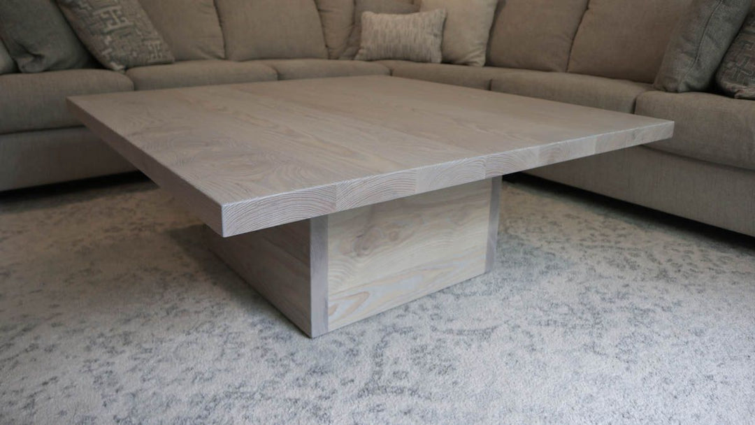 Block Base coffee table ash thick top no apron clean edge no distress Beachwood w white cerused flat