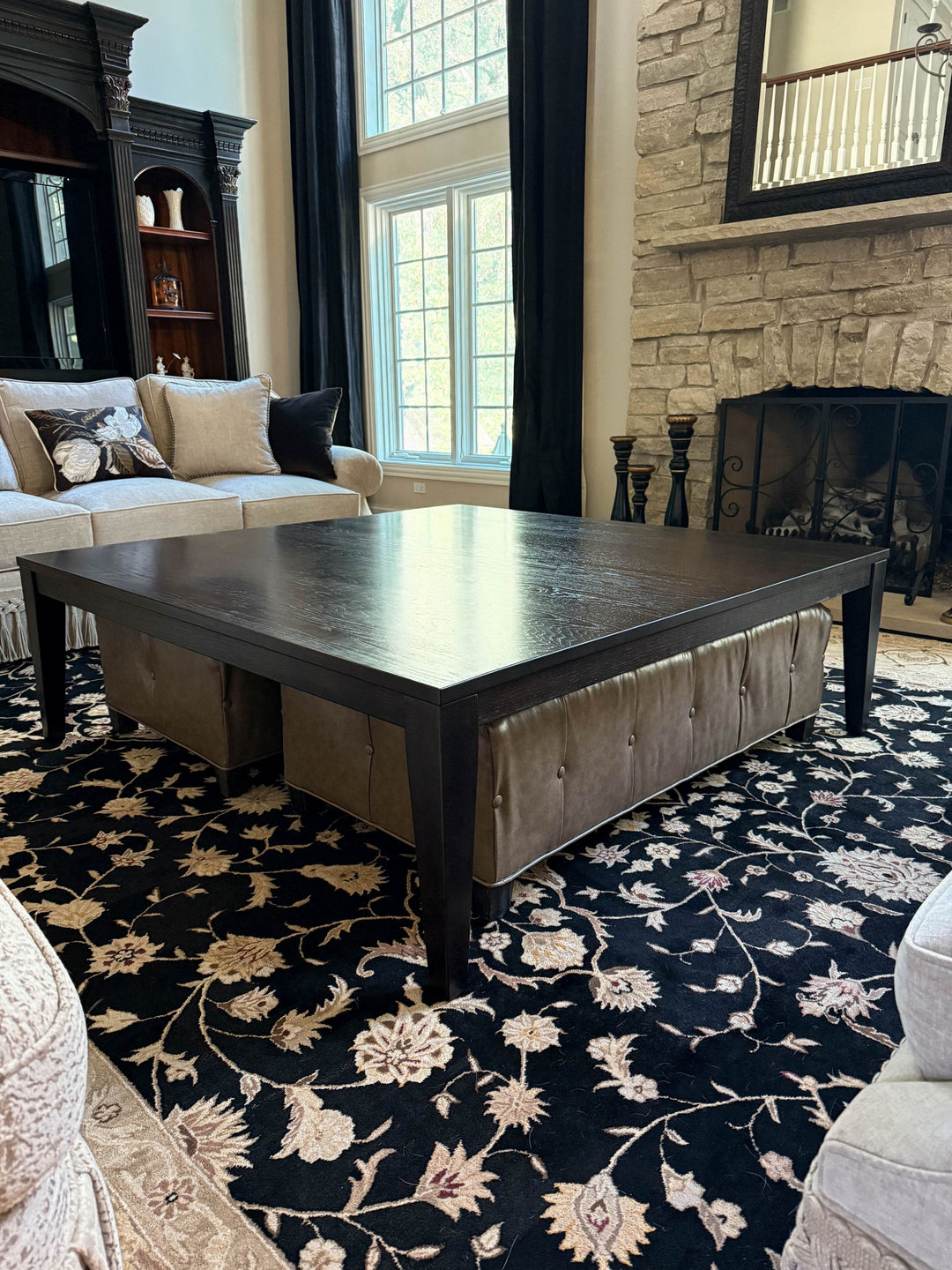 Burr Ridge 60x60x19 Tapered Four Leg Flush w Sides Hickory 1 Thick Top Clean Edge No Distress Ebony Satin