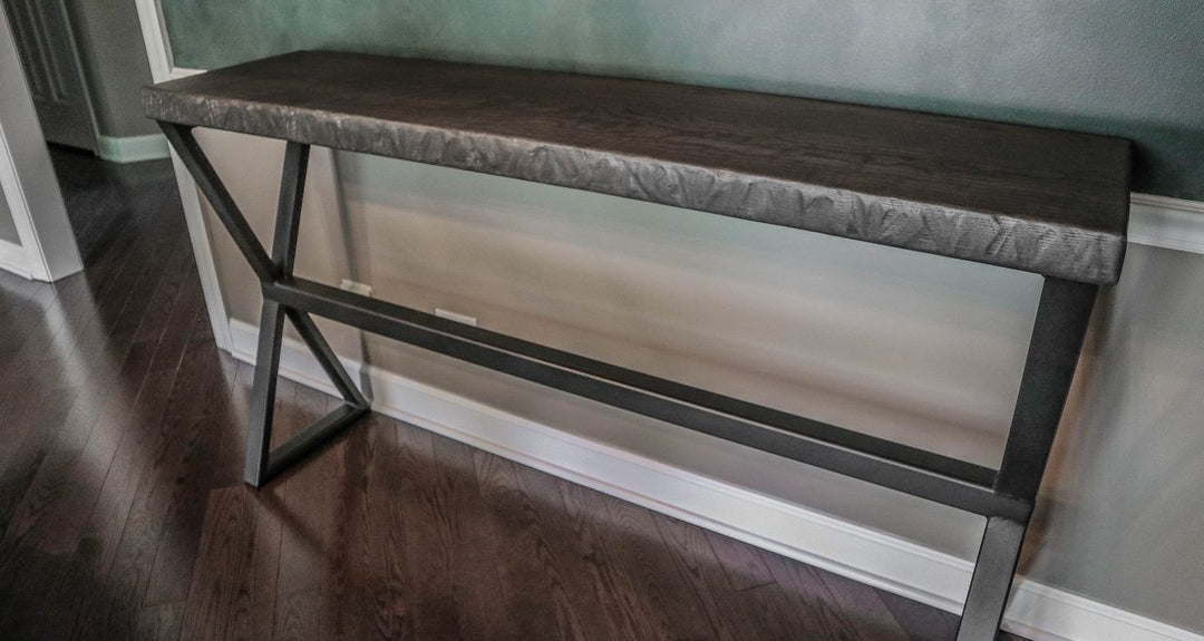 Cary15x60x33.75-console-table-metal-x-1x2-tubing-cross-brace-extra-thick-top-ash-tumbled-edge-no-distress-no-grooves-smokey-water-flat-black-iron-base