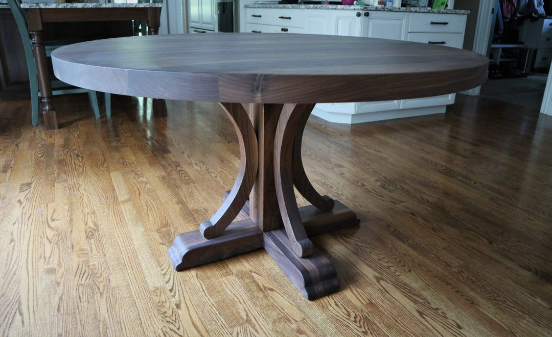 Cary 54 in round custom base solid walnut extra thick top light distress clean edge no grooves flat 1280x783