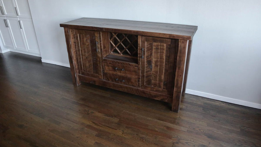 Chicago 20x68x38 Houston Buffet two door two drawer wine rack rough sawn brown maple Almond Flat
