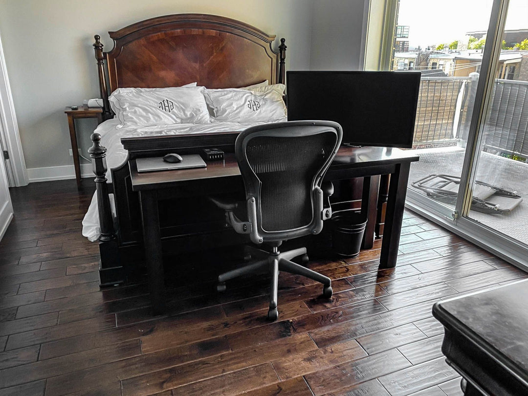 Chicago 18x64x30 four-leg desk hickory minimal distress clean edge custom brown satin