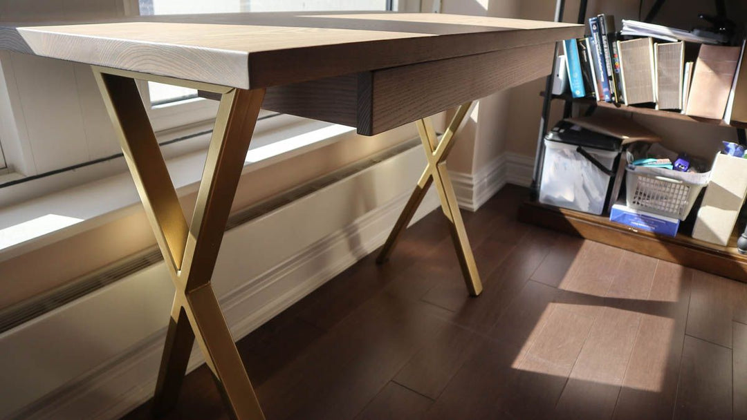 Chicago 24x44x30 desk Metal X ash standard top no apron clean edge no distress Driftwood flat top Subtle Gold base pencil drawer 3