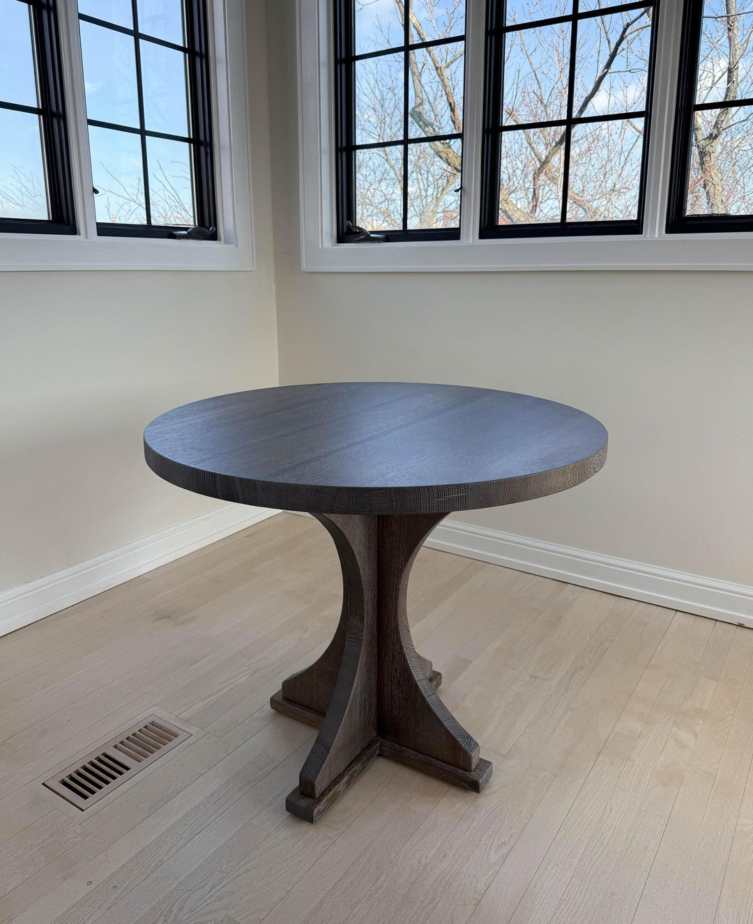 Chicago 36 Crescent Quarter Sawn White Oak Thick Top No Apron Clean Edge No Distress Charcoal w White Cerused Flat