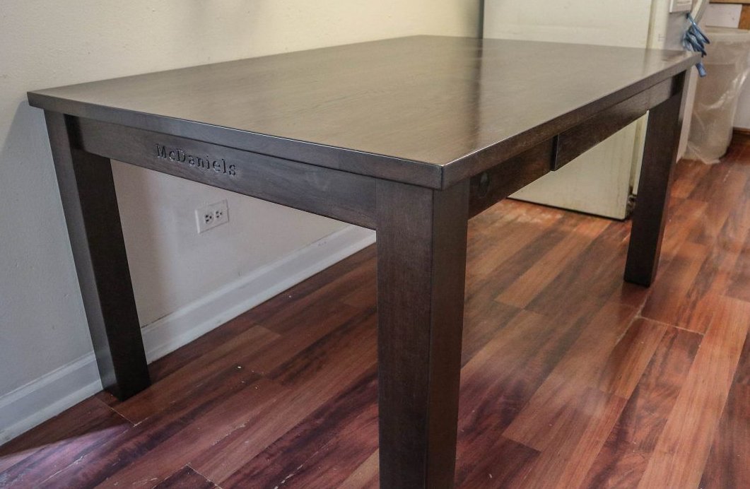 Chicago 40x60 1.5 overhang on all sides standard top 3.5 legs all hickory no ditress clean edge American Walnut Satin 2 drawers engraved McDaniels 1280x720