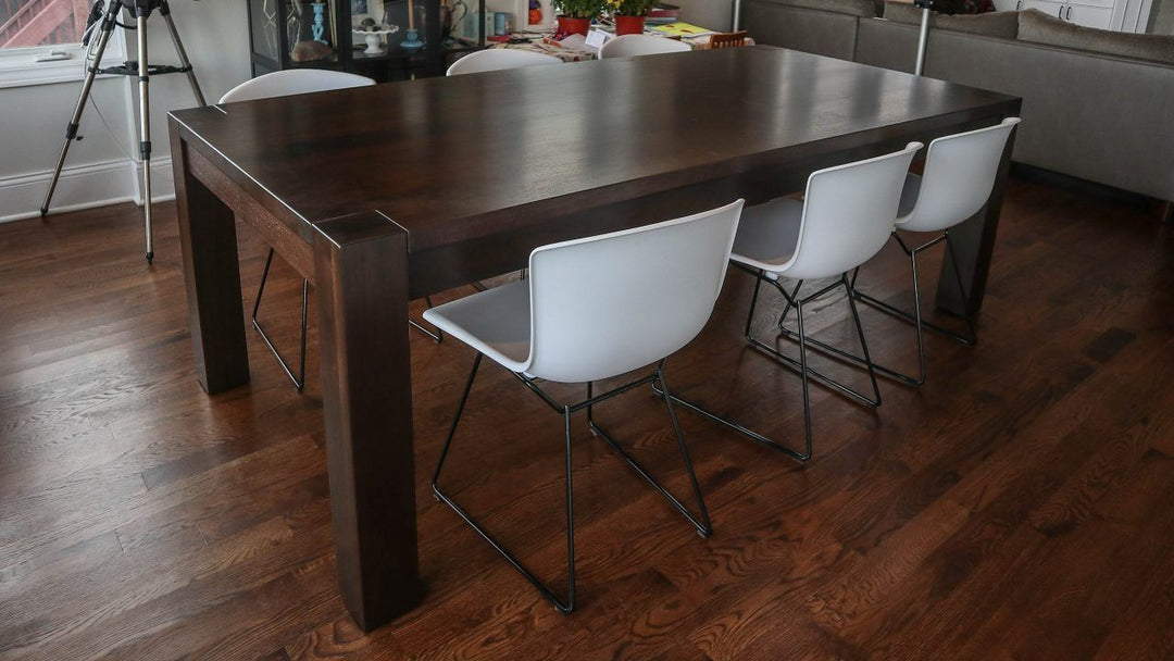 Chicago 42x90x30 Flush Leg 4.5 inch 3.5 apron 0.5 overhang solid walnut clean edge no grooves no distress thick top custom brown satin 2 20 leaves magnetic covers 1280x720