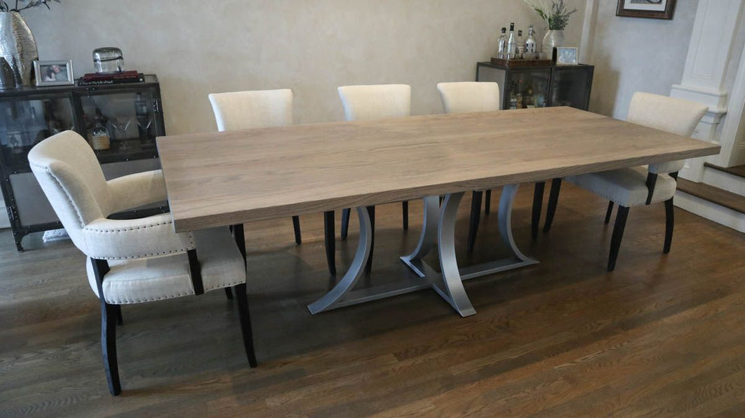 Chicago 42x98x30 solid metal arched base ash thick top no apron no cross brace clean edge no distress no grooves Driftwood flat Silver Alloy base 1 20 Leaf 3