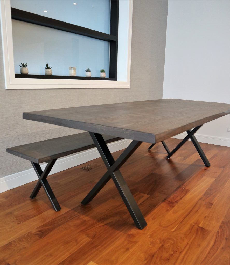 Chicago 96x39 metal x base small 3x1.5 ash top thick top light distress natural wavy edge smokey water flat bench 887x1024