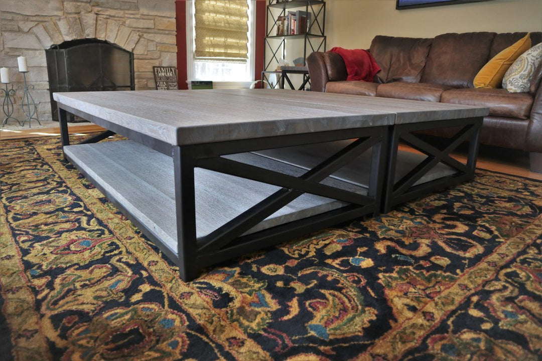 Coffee tables metal frame x design sides open open shelf qswo light tumble edge no grooves no distress gray stain white ceruse flat metal flatter black powder