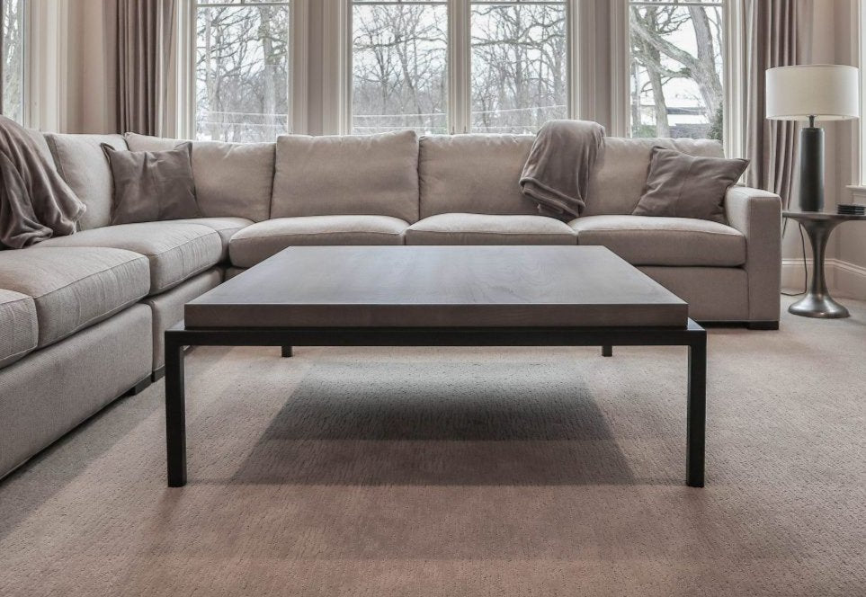 Common Option 3 custom metal four leg coffee table 52x52x18 1.5x1.5 legs extra thick ash top clean edge no distress Fog flat top Stoneblack base 1280x720