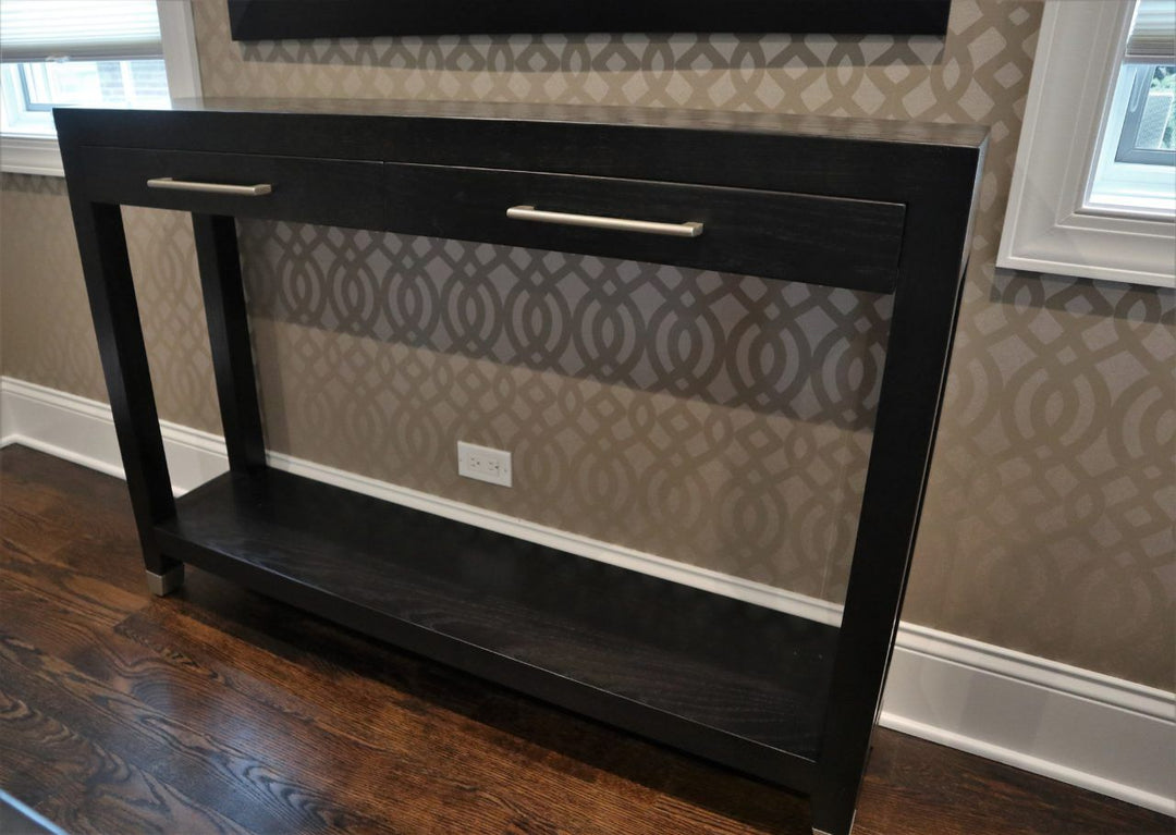 Deerfield-53x34x12-custom-buffet-solid-ash-two-drawers-bottom-shelf-metal-leg-caps-Black-Espresso-satin-Hampton-Gold-hardware