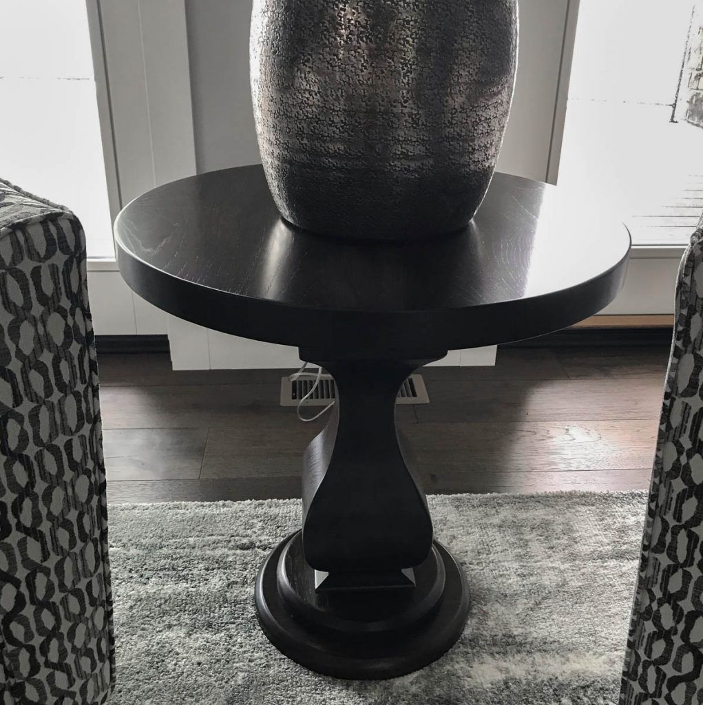 Delavan WI 24 roundx24 tall Belly side table round base all hickory thick top clean edge no distress Briar satin 1021x1024