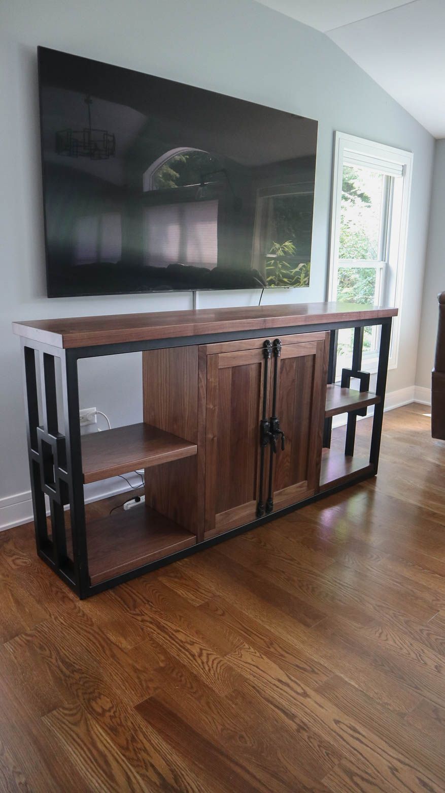 Downers Grove 16x72x36 media unit walnut top shelves and center box thick top natural satin Flatter Black frame