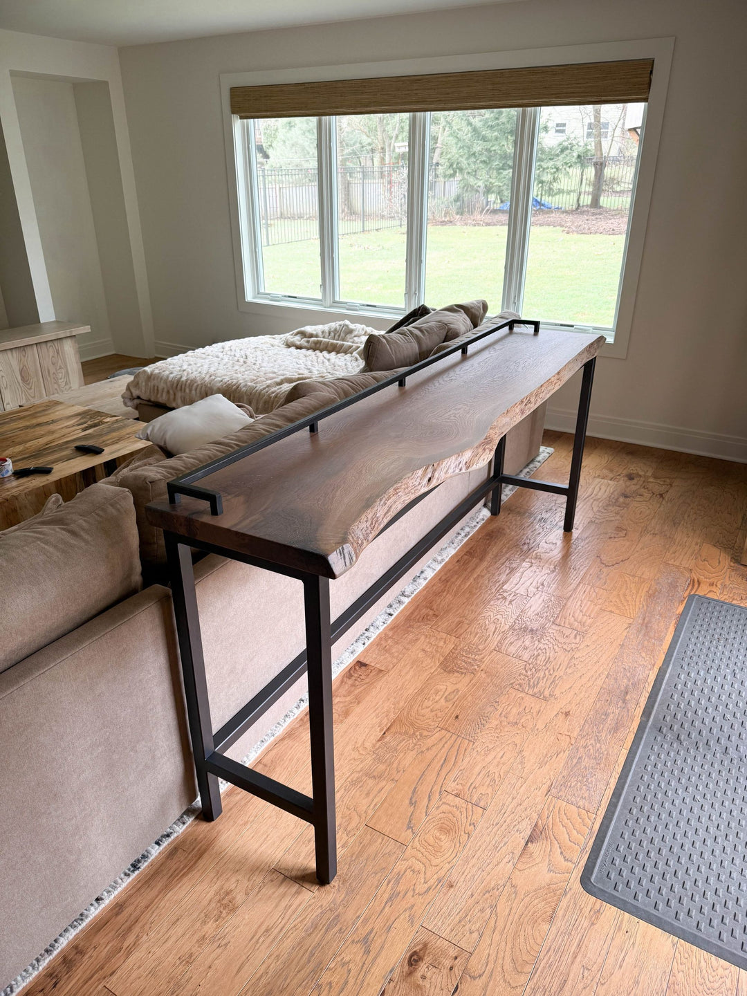 Downers Grove 16x84x36 Metal Drink Rail Sofa Table White Oak Slab Best Match Seashell Flat Gamblers Gray