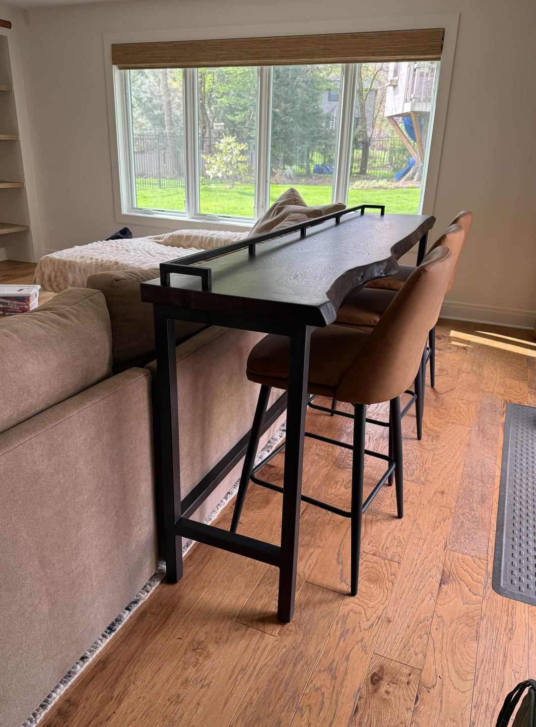 Downers Grove 16x84x36 Metal Drink Rail Sofa Table White Oak Slab Charcoal Flat Gamblers Gray Powder Coat