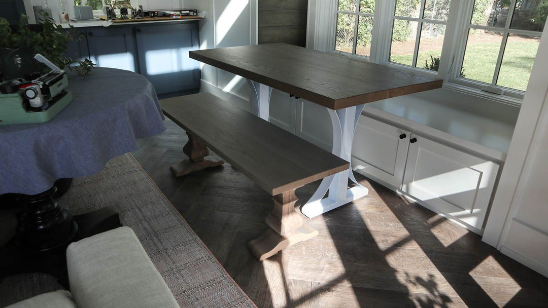 Downers Grove 30x54 Metal Arched ash thick top no apron no distress clean edge Clay flat top Whisper White High Gloss base 1