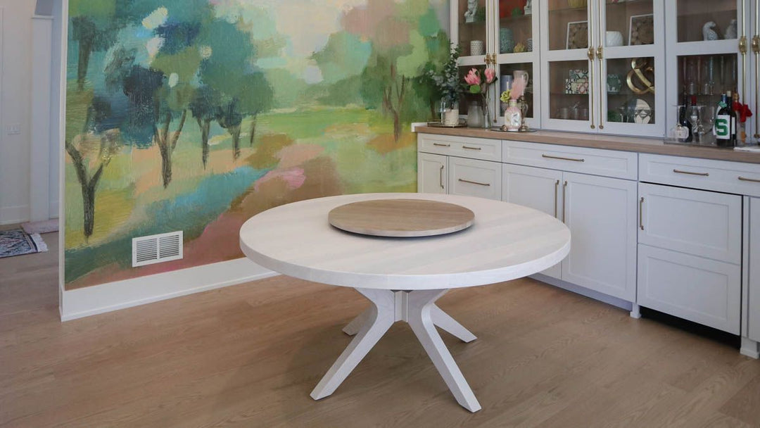 Downers Grove 66 Brewer ash extra thick top clean edge no distress Whitewash with white glaze flat 30 Lazy Susan white oak sample match 2