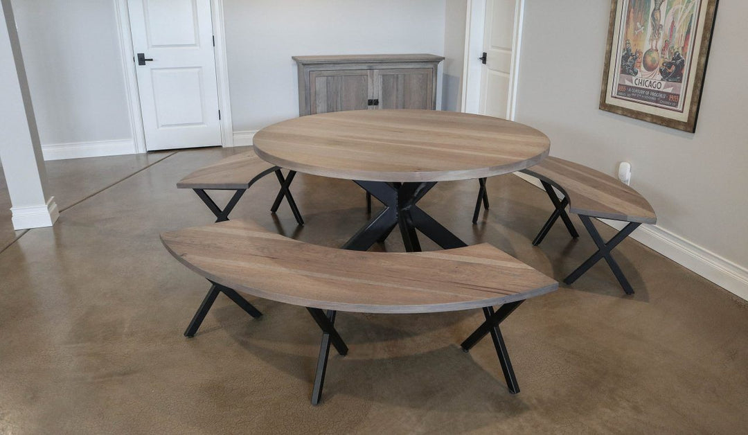 Dyer 60 Metal Double X 2x4 thick top hickory clean edge light distress Prado flat top Flat Black base arched bench 1280x744